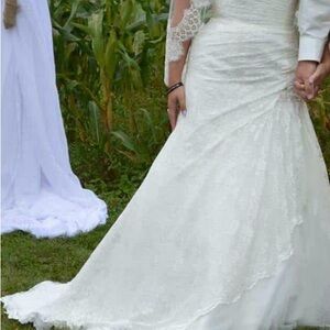 Elegant Cream Lace Wedding Dress with Lavender Tie